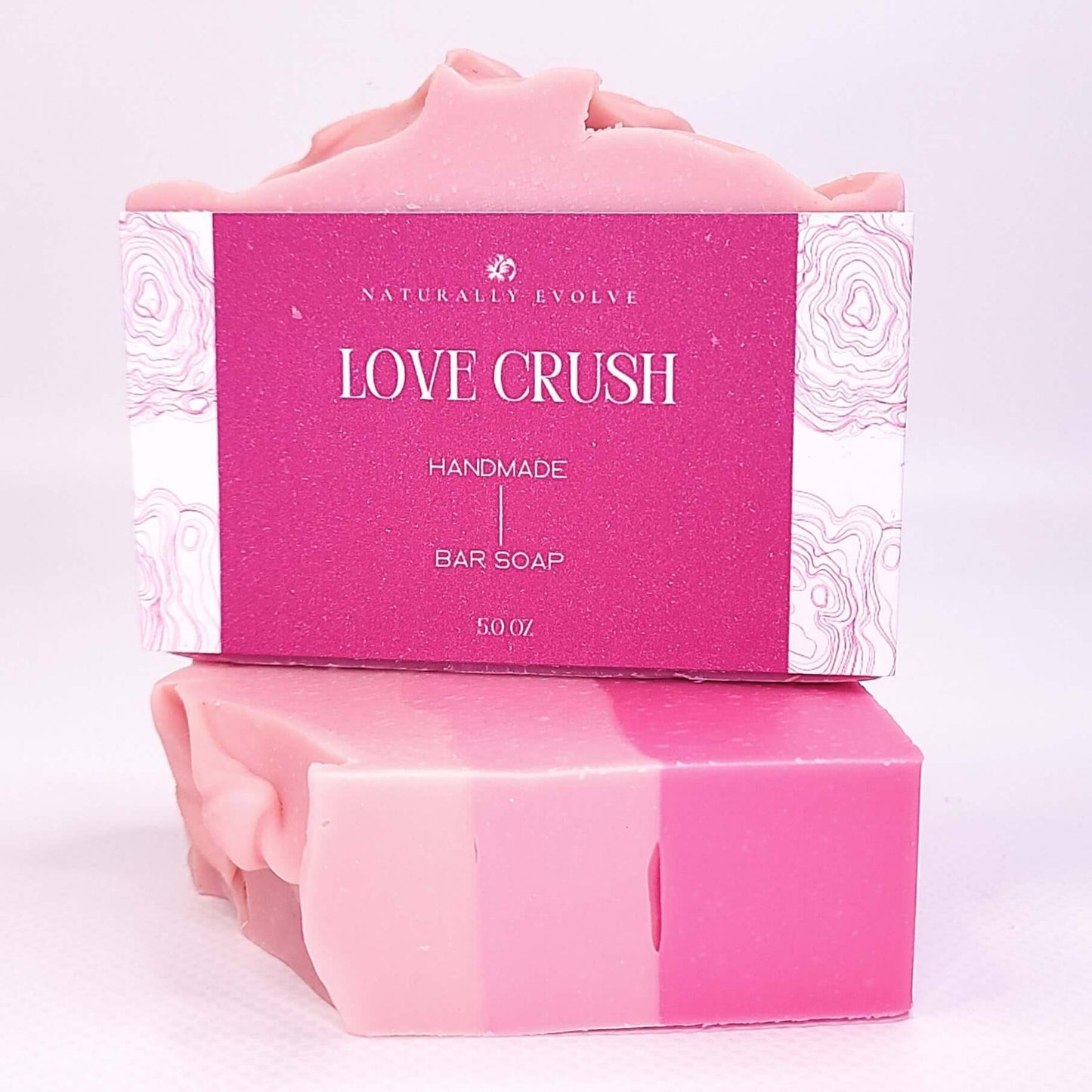 Pink Love Crush soap bar with romantic floral and fruity fragrance, perfect for luxurious and indulgent skin pampering and refreshment.