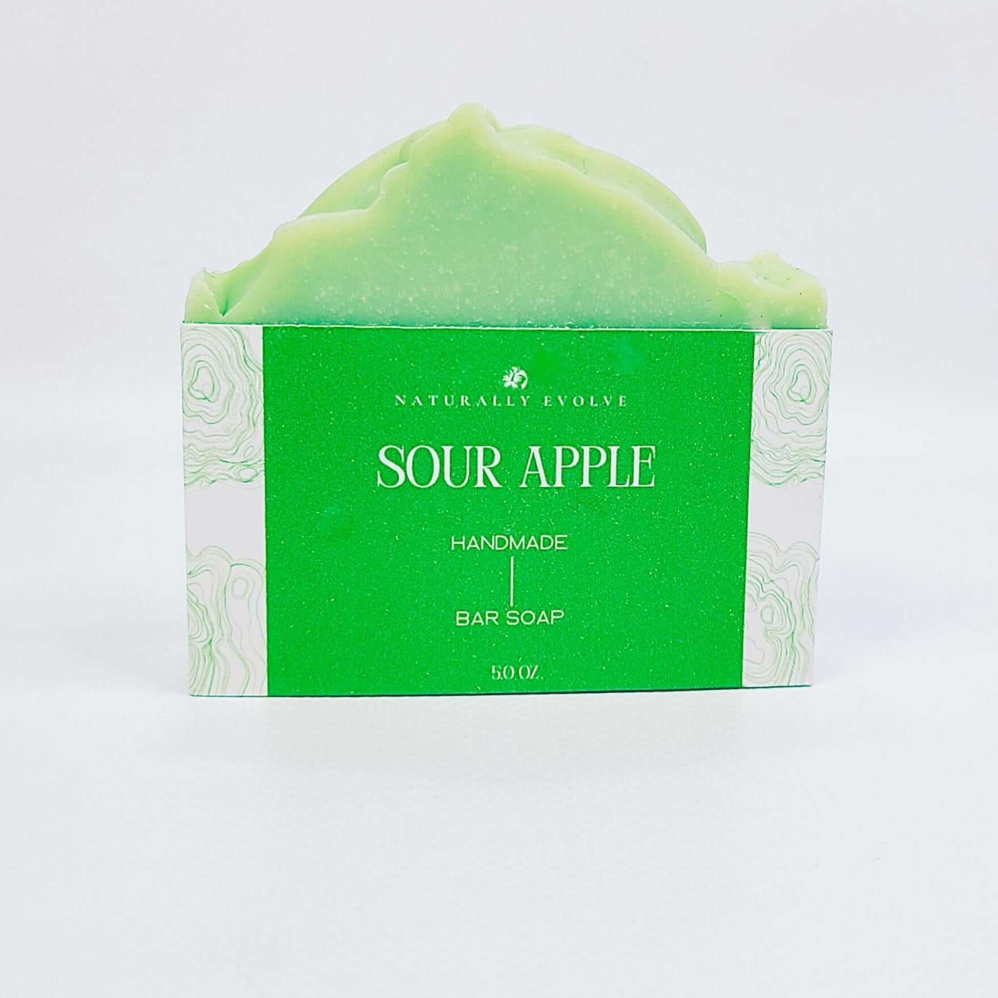 Sour Apple bar soap with a crisp, sweet, tangy scent for a refreshing and invigorating shower experience, made with natural ingredients.