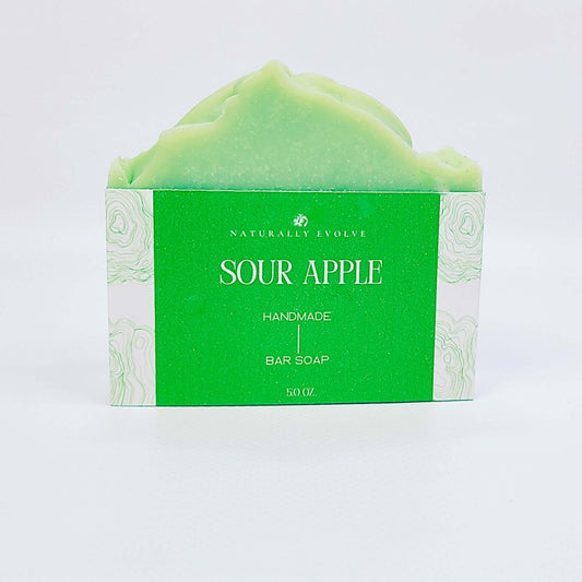 Sour Apple bar soap with a crisp, sweet, tangy scent for a refreshing and invigorating shower experience, made with natural ingredients.