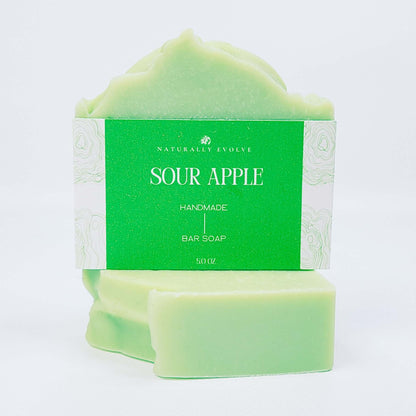 Sour Apple soap bar with a fresh, tangy scent, made from natural ingredients. Bright green color, invigorating and playful shower experience.