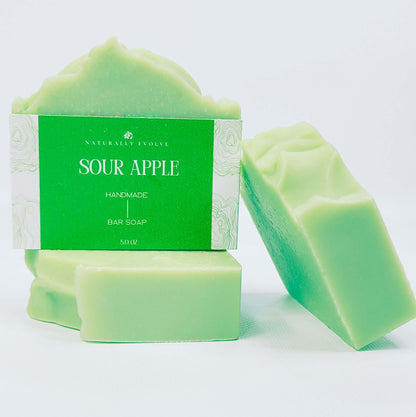 Sour Apple handmade bar soap with fresh, tangy scent and natural ingredients, offering a playful and invigorating shower experience.