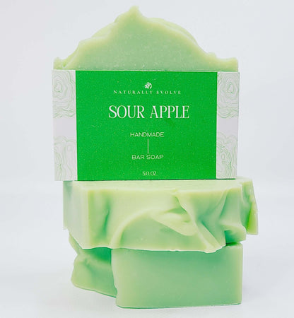 Sour Apple handmade bar soap with a crisp, fruity scent offering a refreshing and invigorating shower experience.